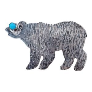 Vintage 80s Native American Brooch Pin Sterling Silver Bear with Turquoise